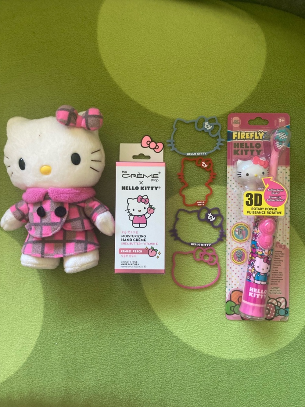 Hello Kitty Bundle Pink Plaid Plush Doll , electric toothbrush ,cream, bracelets